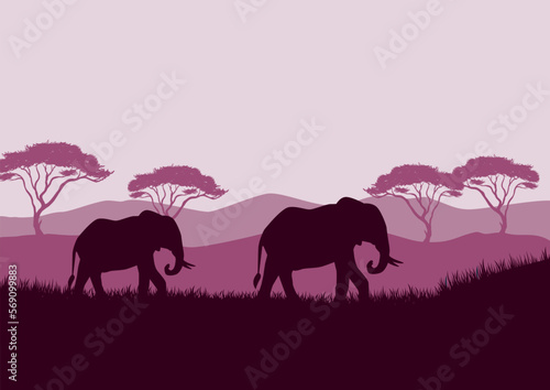 Elephant silhouettes in savanna landscape background illustration vector.