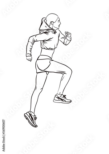 Illustration d’une femme sportive montant des marches lors d’un jogging. Elle porte des baskets, un short et une brassière manche longue. Dessin réaliste et minimaliste aux lignes noir épurées. photo