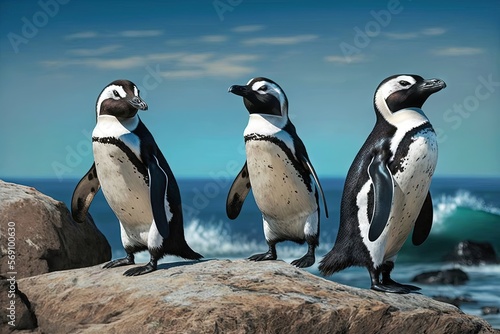  three penguins are standing on a rock near the ocean and a wave is crashing in the background and a blue sky is in the background. generative ai