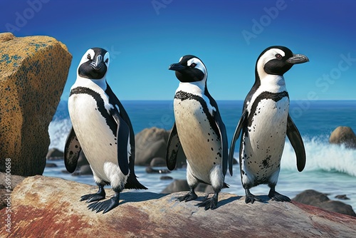  three penguins are standing on a rock near the ocean and a large rock is in the foreground with a blue sky in the background. generative ai