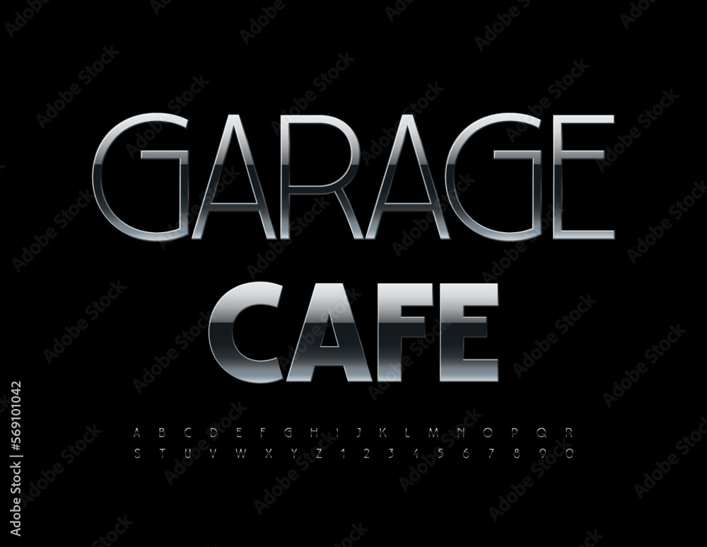 Vector modern Emblem Garage Cafe. Elegant Metallic Font. Artistic Alphabet Letters and Numbers Vector modern Emblem Garage Cafe. Elegant Metallic Font. Artistic Alphabet Letters and Numbers