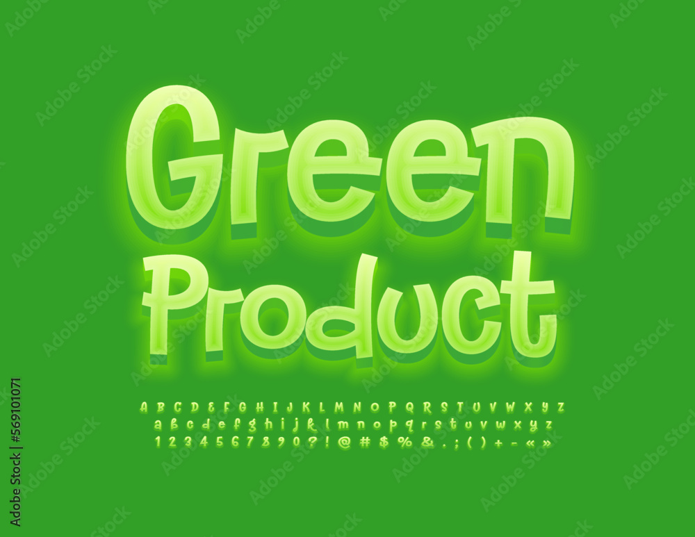 Vector green emblem Natural Food with decorative Leaf. Glowing artistic Font. Handwritten set of Alphabet Letters, Numbers and Symbols Vector green emblem Natural Food with decorative Leaf. Glowing artistic Font. Handwritten set of Alphabet Letters, Numbers and Symbols