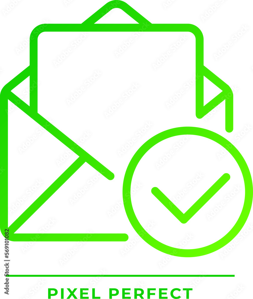 Letter with check mark pixel perfect gradient linear vector icon. Read message symbol. Envelope with paper and tick. Thin line color symbol. Modern style pictogram. Vector isolated outline drawing Letter with check mark pixel perfect gradient linear vector icon. Read message symbol. Envelope with paper and tick. Thin line color symbol. Modern style pictogram. Vector isolated outline drawing