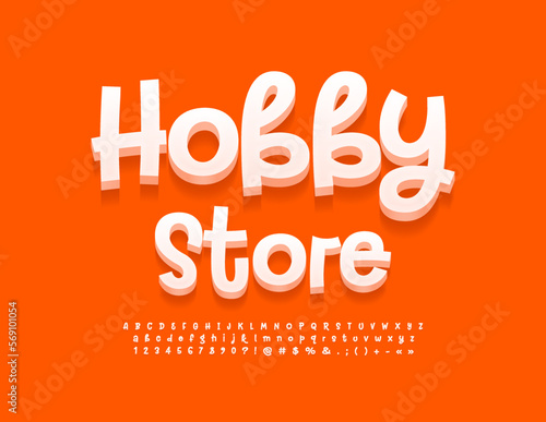 Vector funny Emblem Hobby Store. Creative handwritten Font. White 3D Alphabet Letters and Numbers set