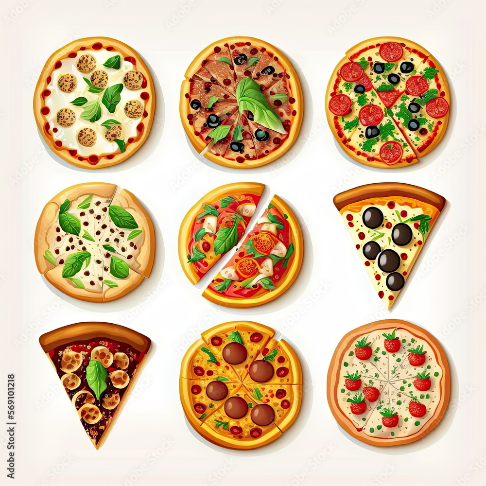 Collection of icon pizza , white background, Made by AI,Artificial intelligence Collection of icon pizza , white background, Made by AI,Artificial intelligence
