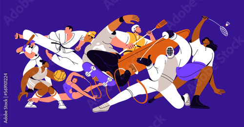Multi-sport concept. Different kinds of professional athletes, activities mix composition. Group of sportsmen in action, movement. Fencing, gymnastics, basketball. Isolated flat vector illustration