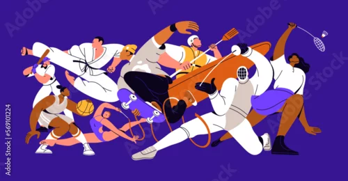 Obraz Multi-sport concept. Different kinds of professional athletes, activities mix composition. Group of sportsmen in action, movement. Fencing, gymnastics, basketball. Isolated flat vector illustration