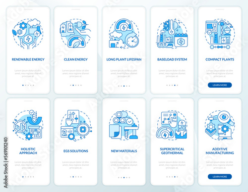 Geothermal power blue onboarding mobile app screen set. Advantages walkthrough 5 steps editable graphic instructions with linear concepts. UI, UX, GUI template. Myriad Pro-Bold, Regular fonts used