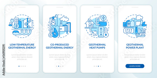 Types of geothermal energy blue onboarding mobile app screen. Walkthrough 5 steps editable graphic instructions with linear concepts. UI, UX, GUI template. Myriad Pro-Bold, Regular fonts used
