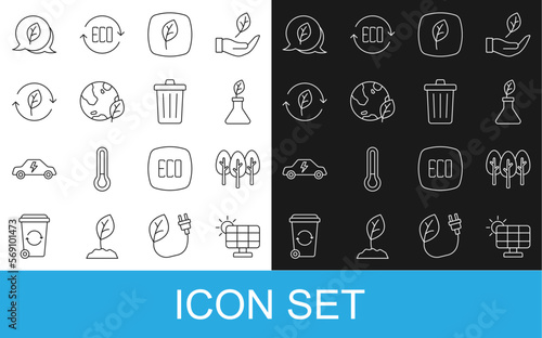 Set line Solar energy panel, Tree, Plant breeding, Leaf Eco symbol, Earth globe and leaf, Recycle with, and Trash can icon. Vector