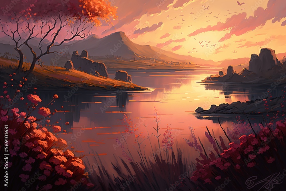 Lake sunset, Mountains, Tree, Valentine day Landscape, orange sky, Illustration, digital art