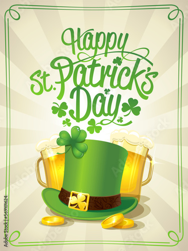 Happy Patrick's day card with leprechaun hat, beer mugs and golden coins
