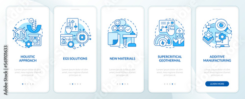 Geothermal energy trends blue onboarding mobile app screen. Walkthrough 5 steps editable graphic instructions with linear concepts. UI, UX, GUI template. Myriad Pro-Bold, Regular fonts used © bsd studio