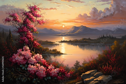 Lake sunset, Mountains, flowers, Valentine day Landscape, orange sky, Illustration, digital art