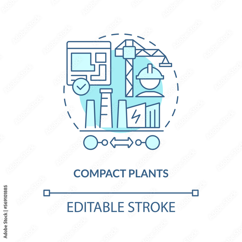 Compact plants blue concept icon. Relatively small station. Geothermal energy pros abstract idea thin line illustration. Isolated outline drawing. Editable stroke. Arial, Myriad Pro-Bold fonts used