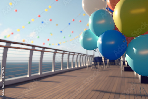 birthday with colorful balloons on deck of cruise ship