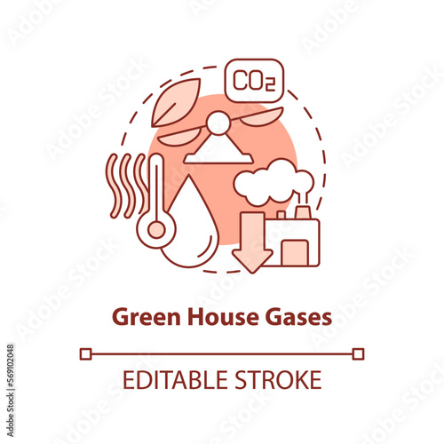 Green house gases red concept icon. Plant emissions. Geothermal energy disadvantage abstract idea thin line illustration. Isolated outline drawing. Editable stroke. Arial, Myriad Pro-Bold fonts used