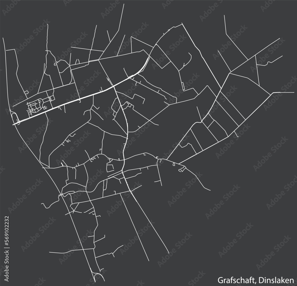 Detailed negative navigation white lines urban street roads map of the GRAFSCHAFT BOROUGH of the German town of DINSLAKEN, Germany on dark gray background