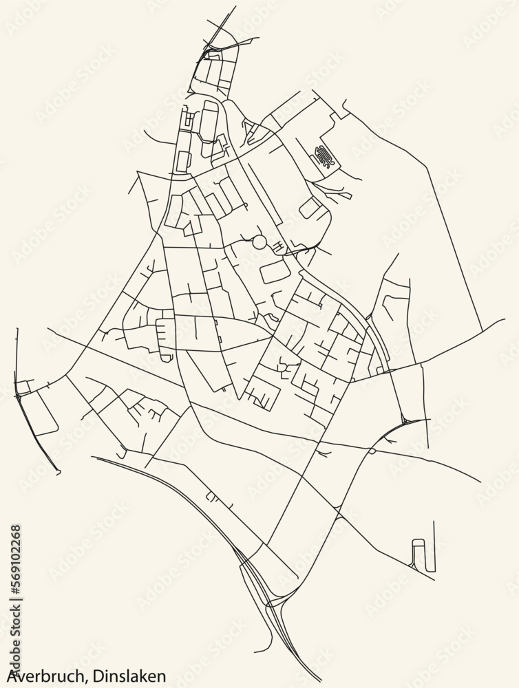 Detailed navigation black lines urban street roads map of the AVERBRUCH BOROUGH of the German town of DINSLAKEN, Germany on vintage beige background