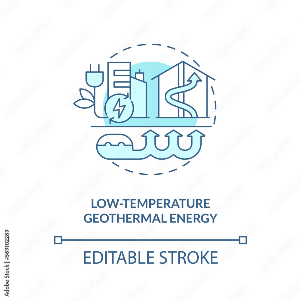 Low-temperature geothermal energy blue concept icon. Type of geothermal energy abstract idea thin line illustration. Isolated outline drawing. Editable stroke. Arial, Myriad Pro-Bold fonts used