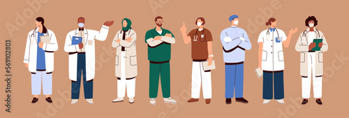 Doctors, medical staff set. General practitioners, medics, physicians, therapists and paramedics standing portraits. Clinic, hospital workers in uniform. Isolated flat graphic vector illustrations