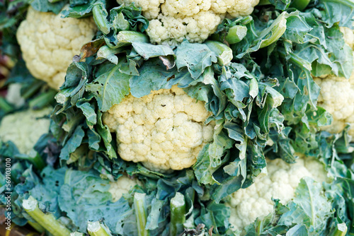 closeup Cauliflower in a stall in Ciwidey traditional market in Bandung, Indonesia. Cauliflower in Indonesian it is called kemabang kol