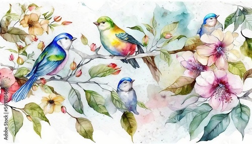  a watercolor painting of three birds sitting on a branch with flowers and leaves on a white background with a watercolor effect of pink, yellow, blue, green, red, yellow and.  generative ai © Anna