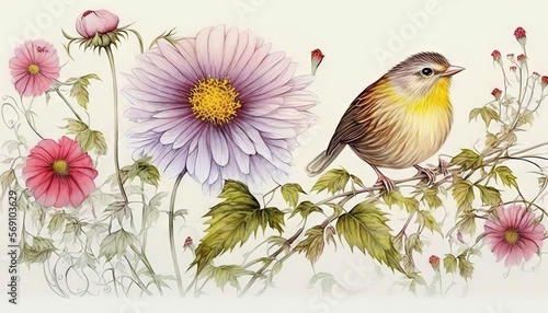  a painting of a bird sitting on a branch with pink and purple flowers in the foreground and a yellow and pink flower in the background.  generative ai