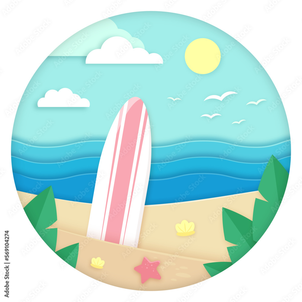 Cutout paper illustration of a summer beach. Surfboard in the sand, light sky and palm leaves