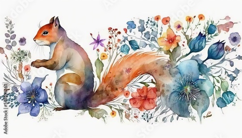  a watercolor painting of a squirrel surrounded by wildflowers and bluebells on a white background with a white back dropper. generative ai