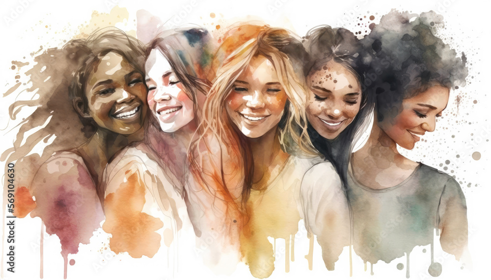 Happy women group for International Women’s day , watercolor style illustration by Generative Ai