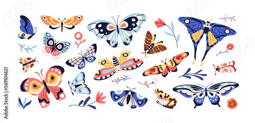 Fototapeta Naklejka Na Ścianę i Meble -  Beautiful butterflies set. Exotic moths, charming flying winged insects. Pretty tropical fauna, flowers, spring and summer nature bundle. Colored flat vector illustrations isolated on white background