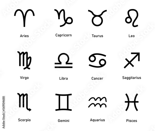 Zodiac sign icons. Vector illustrations. Set of 12 zodiac. Constellation of Aries, Taurus, Leo, Gemini, Virgo, Scorpio, Libra, Aquarius, Sagittarius, Pisces, Capricorn, Cancer.