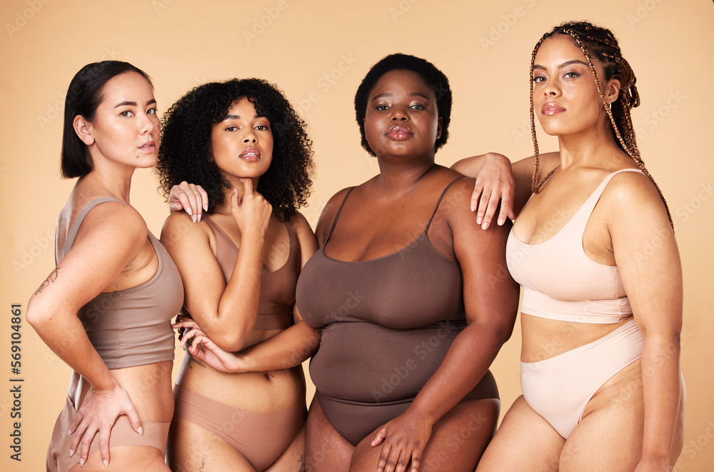 Foto de Body positive, diversity and portrait of women group together for  inclusion, beauty and power. Underwear model people or friends on beige  background for skincare, pride and motivation for self love