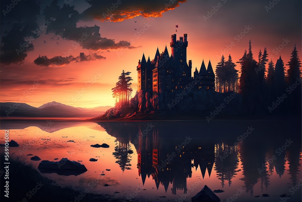 sunset over the rive, medieval castle, Generative AI
