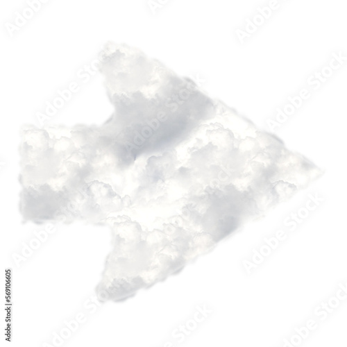 Cloudy white arrow shape or icon. This is a part of a set which also includes uppercase alphabet letters from A to Z, numbers, symbols, and other shapes. Fluffy decorative design elements. 