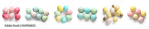 Set of colorful Easter eggs on white background, top view