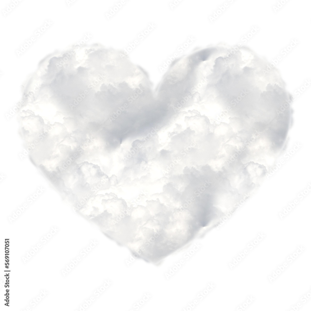 Cloudy white heart shape. This is a part of a set which also includes uppercase alphabet letters from A to Z, numbers, symbols, and other shapes. Fluffy decorative design elements.
