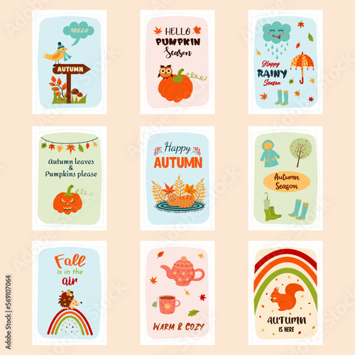 Big set of autumn greeting cards. Cozy quotes and cute things. Print as a card or a cozy poster.