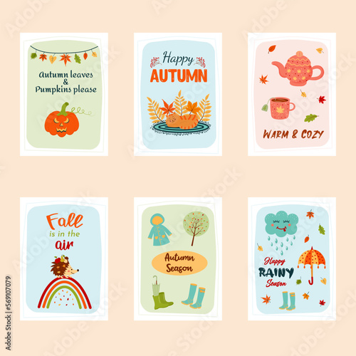 Set of autumn greeting cards. Cozy quotes and cute things. Print as a card or a cozy poster.