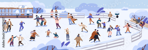 Ice rink with people skating. Outdoor public park for winter activity, entertainment, fun, leisure. Skaters crowd on vacation, holiday, landscape panorama with snow. Flat vector illustration
