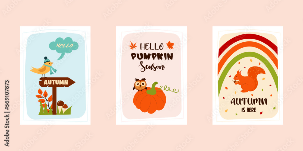 Set of autumn greeting cards. Cozy quotes and cute things. Print as a card or a cozy poster. Autumn, harvest festival, thanksgiving day, cozy season, halloween concept.