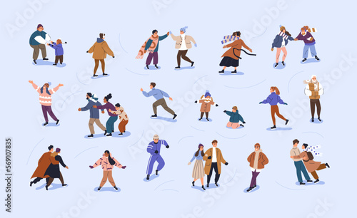 Characters skating on ice rink set. Active people skaters during winter holiday fun, leisure, sport activity. Happy diverse families, kids, love couples, friends sliding. Flat vector illustrations