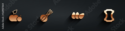 Set Apple, Onion, Chicken egg and Leather icon with long shadow. Vector