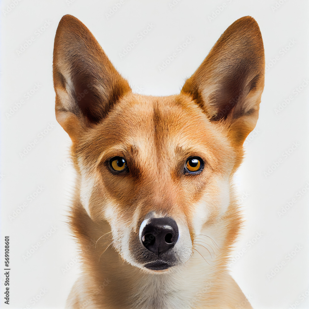 Adult dingo close-up isolated on a white background. Generative AI.