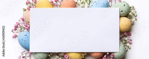 Canvas Print Easter banner with Easter quail eggs, flowers, paper blank over white background