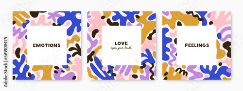Square cards with abstract shapes frame. Postcards backgrounds set. Modern mi...
