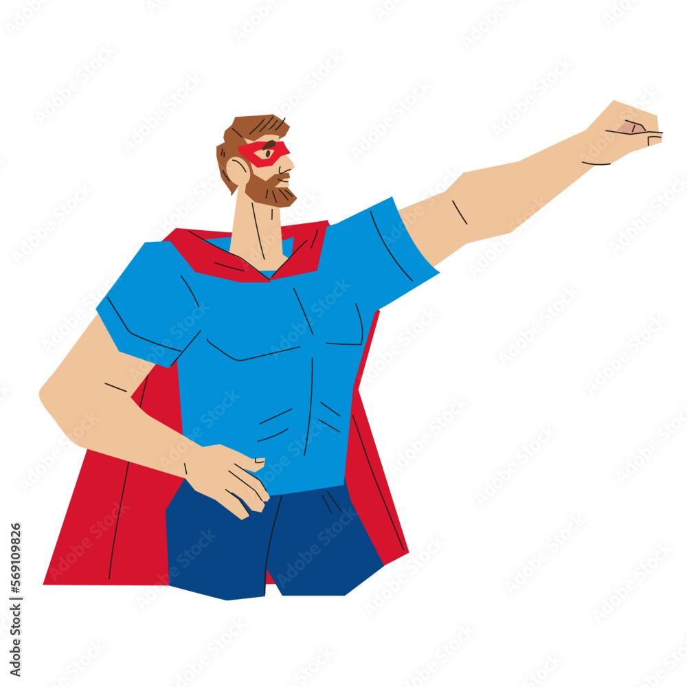 Man in superhero costume cartoon vector illustration isolated on white background. Super power and strength. Leadership and excellence. Brave and purposeful man.
