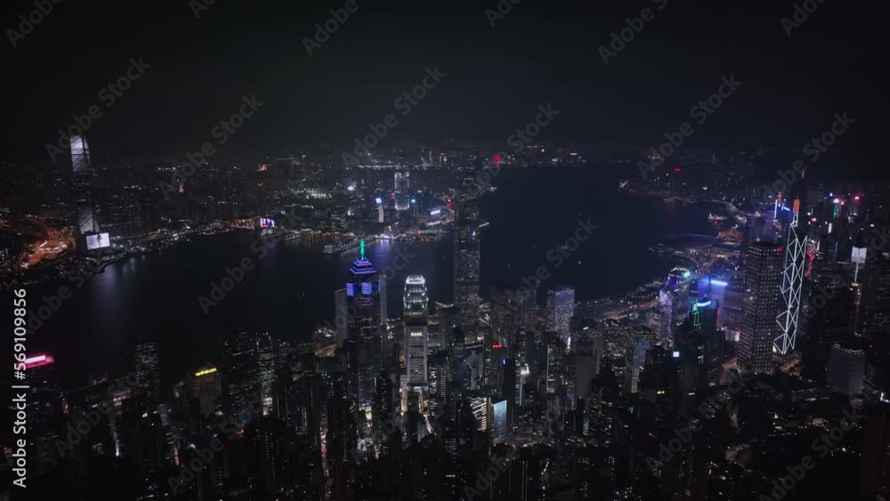 Night Panorama Of The Whole Illuminated Hong Kong, Aerial View