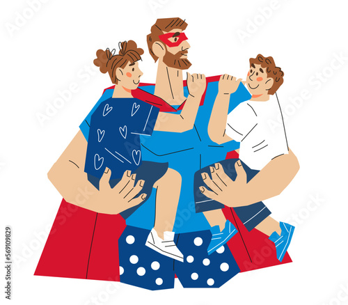 Father superhero with children. Characters for Fathers day greeting card with dad in superhero costume holding children, cartoon vector illustration Isolated on white background.